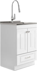 SIMPLIHOME Lawrence All-in-One 24 inch Wide Utility Sink and Laundry Cabinet in Pure White Finish, Transitional Stainless Steel Sink Cabinet for Laundry Rooms with High-Arch Brushed Nickel Faucet