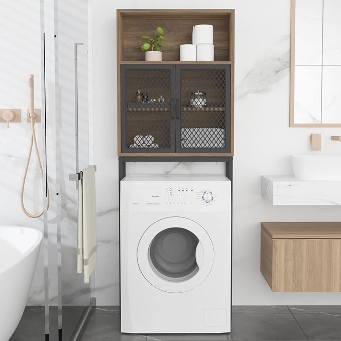 Launica Over the Toilet Storage Cabinet, Over Toilet Bathroom Organizer with Mesh Doors and Shelves, Freestanding Bathroom Storage Cabinet Above Toilet, Wood and Metal, Rustic Oak