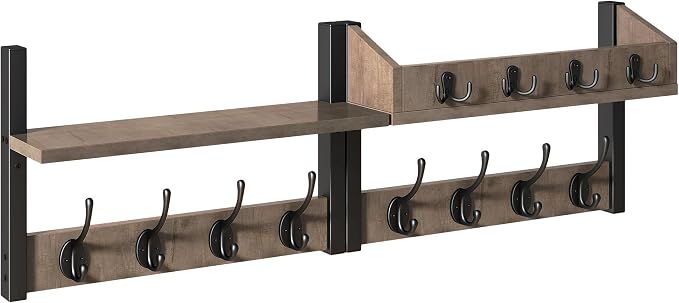 YMYNY 31.5" Coat Rack Wall Mount with Shelf, 4 in 1 Key and Coat Hanger with 12 Metal Hooks, Wall Shelf with Hooks & Mail Holder for Living Room, Bedroom, Silver Gray, HWS007Y-2