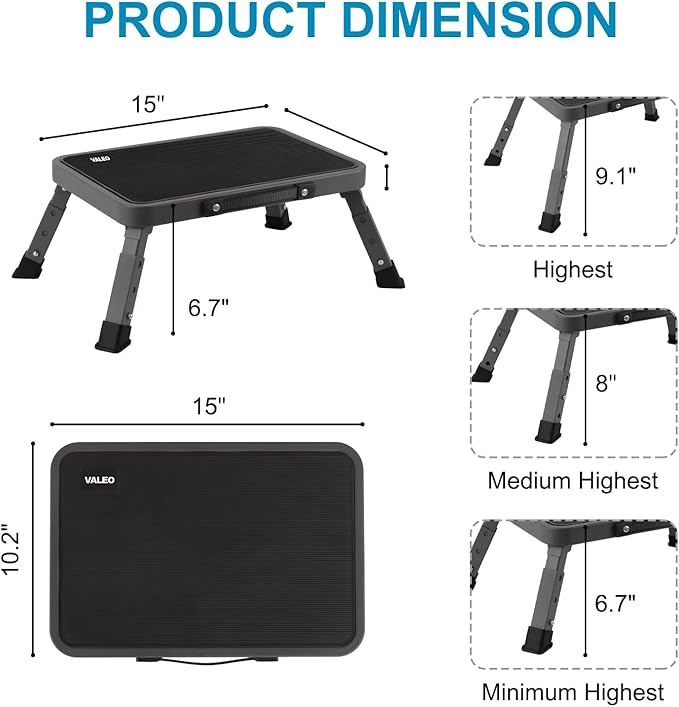 Valeo Folding Step Stool, Adjustable Step Stool with Non-Slip Platform, 330 Lbs Capacity, Step Ladder for Adults or Kids in Kitchen, Bathroom, RV, Camping, Office, Black