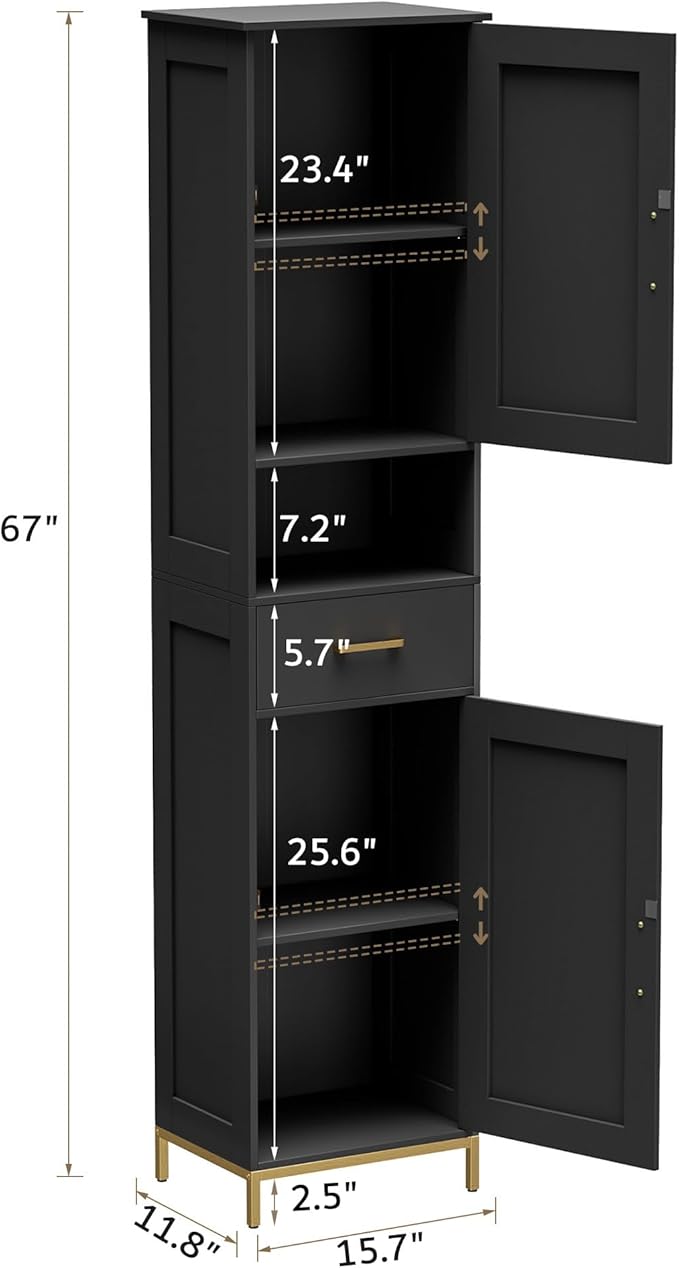 Homhedy 67" H Bathroom Storage Cabinet, Tall Storage Cabinet with Adjustable Shelves, Freestanding Cabinet with Doors and Drawer, Narrow Cabinet for Bathroom, Living Room, Kitchen, Dining Room, Black