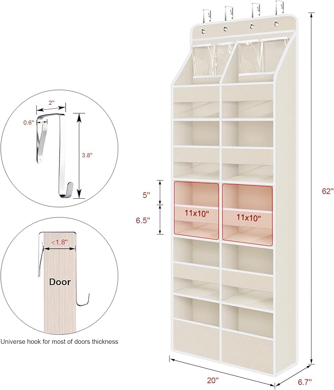 Univivi 6-Shelf Over Door Hanging Organizer Fabric Door Storage with 10 Large Pockets and 4 Small PVC Pockets Closet Cabinet Wall Mount Hanging Storage Organizers for Baby Nursery (Beige Pattern)