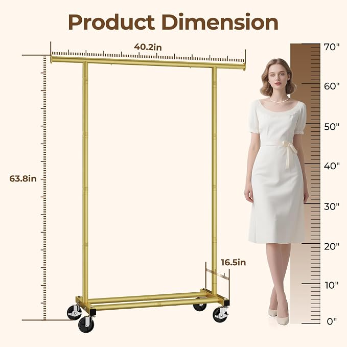 HYSEYY Clothes Rack, Clothing Rack for Hanging Clothes, Rolling Garment Rack Sturdy Coat Rack Portable Wardrobe Rack Metal Closet Rack for Bedroom Laundry Living Room, Gold