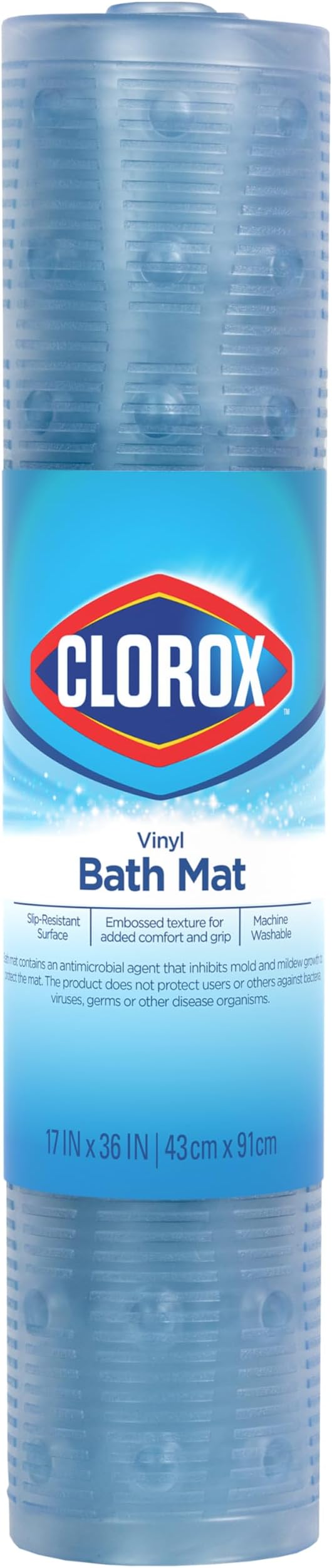 Duck Brand Clorox Vinyl Bath Mat for Tubs, Non Slip Bathtub Mat with Suction Cups for use in Non Textured Bathtubs and Shower Stalls, 17 Inches x 36 Inches, Clear