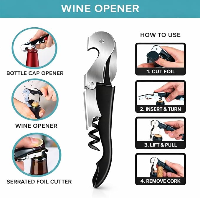 4-in-1 Multi-Function Bottle Opener Set for Jars, Bottles and Wine with Non-Slip Grip (Grey + Sky Blue)