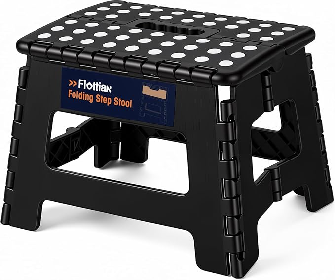 Flottian 9 Inch Folding Step Stool, 300 Lbs Capacity Non-Slip Plastic Step Stool with Portable Handle for Adults and Kids, Compact Foldable Stool for Kitchen Bathroom Bedroom, Black,1PC