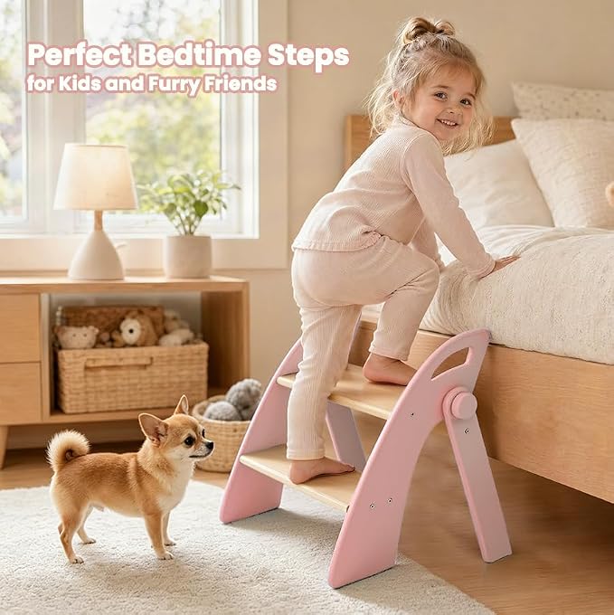 Wooden 2 Step Stool for Toddlers, Foldable 2-Step with Non-Slip Pads and Handles, Bamboo Step Stool for Kids Bathroom Sink and Potty Training, Kitchen Helper, Nursery Bedroom (Pink)