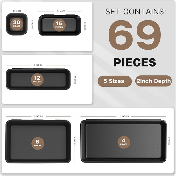 【More Larger Size】A-LUGEI【69 PCS-5 Size】 Tool Box Organizer Tray Divider Set【Black】 Desk Drawer Organizer Bin, Socket Organization and Storage Toolbox for Rolling Tool Chest Cart WorkBench Part Widget