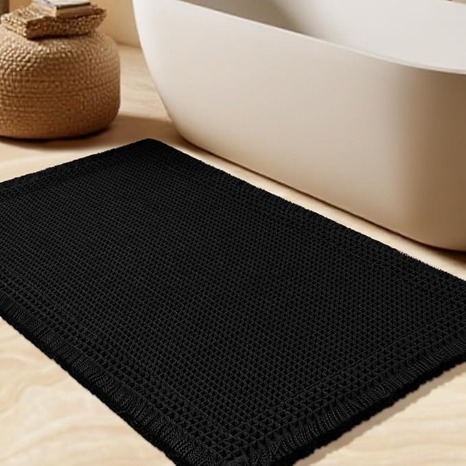Upgrade Waffle Bath Mat, Boho Bathroom Rugs Absorbent Non Slip, Ultra Soft Bathroom Mat, Machine Washable Knit Bath Rugs with Border for Bathroom, Bedroom, Kitchen, Shower, Tub, 32"x20", Black