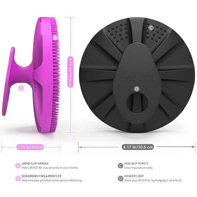 Silicone Body Scrubber 2 Pack, BEAUTAIL Gentle Bristles Shower Bath Brush, Lather Nicely, Soft Massage Body, More Hygienic Than Loofah, Gentle Exfoliating for Sensitive Skin, Purple+Black