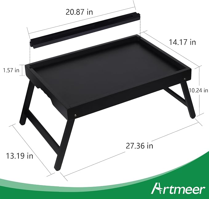 Artmeer Bed Tray Table with Folding Legs, Bamboo Breakfast Food Tray with Media Slot, Use As Platter, Laptop Desk, Snack, TV Tray Kitchen Serving Tray (Black Extra-Large Size)
