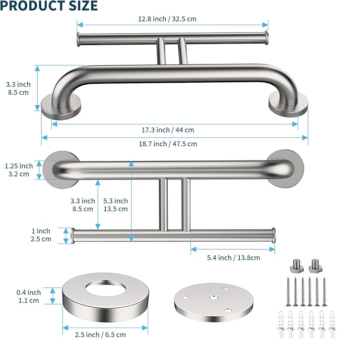 Grab Bar w/Double Toilet Paper Roll Holder Brushed Nickel, iHansee Stainless Steel Shower Support Balanced Support Handle, Wall Mounted Safety Handrail Grab Rail for Elderly Senior Handicap Disabled