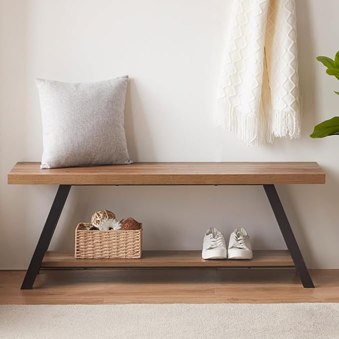 LVB Industrial Entryway Bench, Wood and Metal Storage Bench for Living Dining Room, Farmhouse Indoor Entry Way Shoe Benches Seat, Rustic Oak, 47 Inch Long