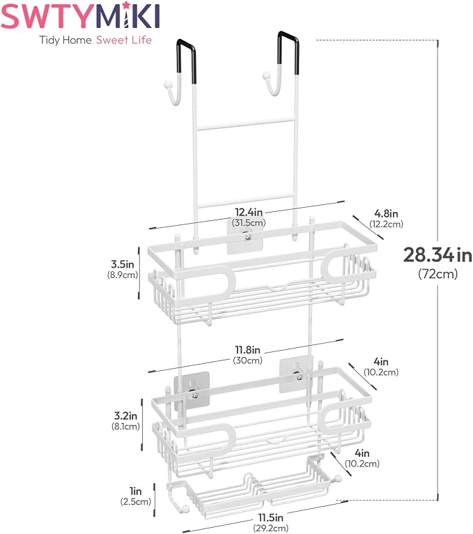 SWTYMIKI Over The Door Shower Caddy With Double Soap Holder, Hanging Shower Caddy With 16 Hooks, No Drilling Hanging Shower Organizer Over Door To Organize Bathroom Essentials, White