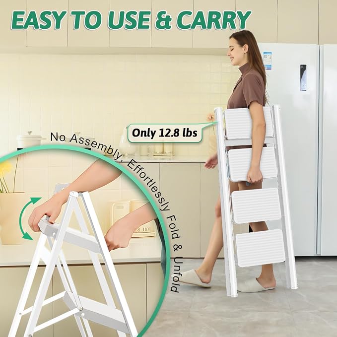 4-Step Folding Ladder, Heavy Duty Ladders for Home & Kitchen, Folding Ladder Easy to Store, Tall Ladder for Adults, Anti-Slip & Space-Saving Step Ladder, 330 Lbs Capacity, White