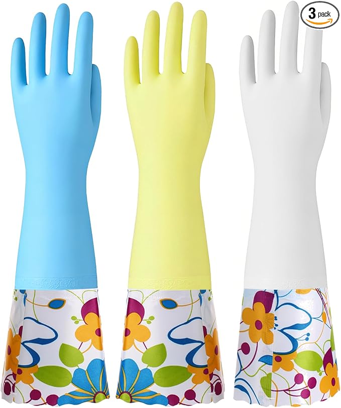 Bamllum 3 Pairs Rubber Cleaning Gloves, Household Kitchen Dishwashing Gloves with Cotton Flocked Liner, Long Cuff 16 Inches (Blue+Yellow+White, Small)