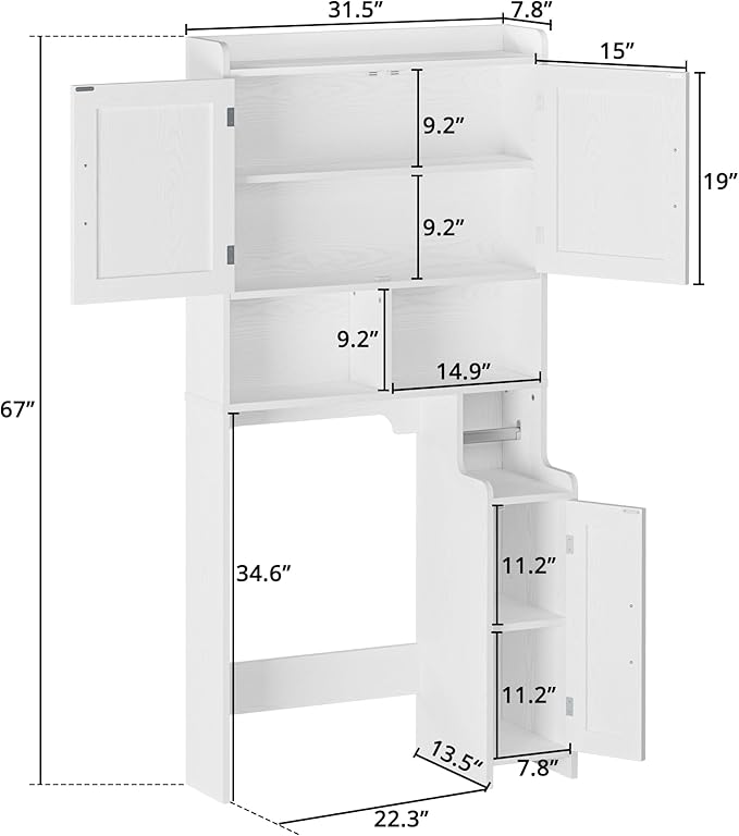 IRONCK 67" Farmhouse Over The Toilet Storage Cabinet, Bathroom Organizer with Door, Adjustable Shelves, Side Cabinet and Toilet Paper Holder, Shelf Cabinet for Bathroom, Restroom, Laundry, White