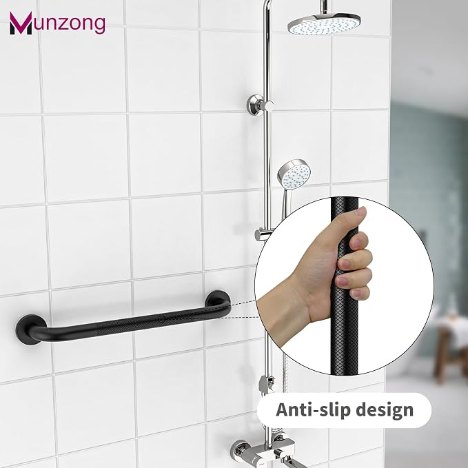 3 Pack Bathroom Grab Bar for Commercial, Munzong 12" 16" 16" Shower Grab Bar Bundle, Black Anti Slip Safety Balance Bar,Stainless Steel Handicap Hand Rail for Elderly Injury Senior Bath Handle