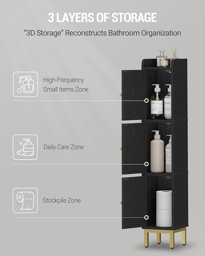 Hzuaneri Slim Bathroom Storage Cabinet, Narrow Bathroom Organizers and Storage with 4 Adjustable Feet, Laundry Room Organization for Small Space, Kitchen, Living Room, 3 Doors Black BC22304G