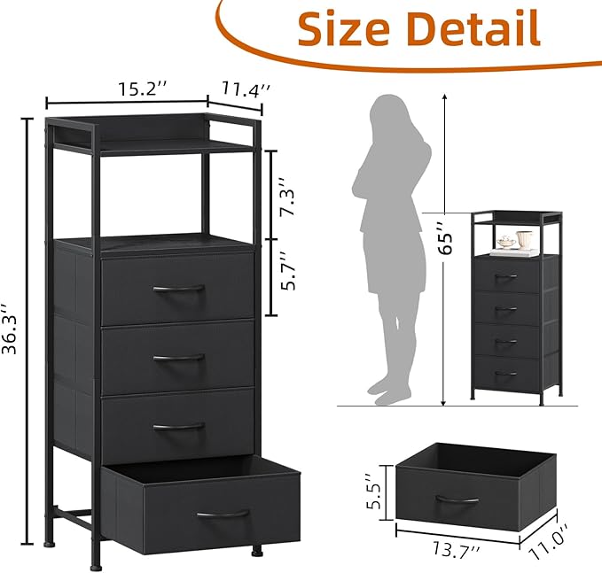 Somdot Nightstand with 4 Drawers, Vertical Storage Tower Fabric Dresser for Bedroom, Night Stand Bedside Table Furniture, Sturdy Steel Frame, Wooden Top & Easy Pull Fabric Bins, Black