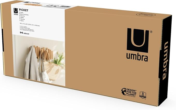 Umbra Picket Wall-Mounted Coat Rack Rail Hook with 5 Retractable Wood Pegs – Modern, Space-Saving Storage Organizer, Natural (Pack of 3)