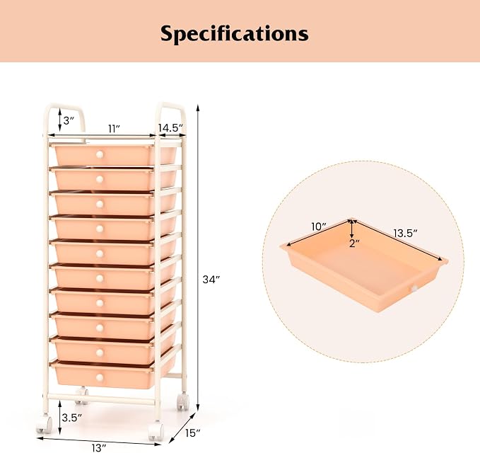10-Drawer Rolling Storage Cart, Trolley w/Lockable 360° Wheels, 10 Removable PP Drawers, Sturdy Metal Frame, Rolling Utility Cart Perfect for Home, Office, Classroom (Peach Fuzz)