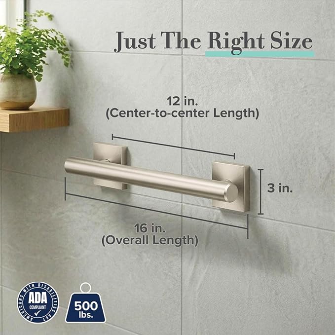 Gatco 950 Elevate Shower Grab Bar, 12 Inch, ADA Compliant, Satin Nickel, Wall Mounted Bathroom Handrail