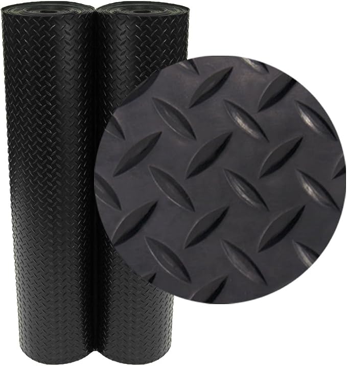 Rubber-Cal Diamond-Plate Rubber Flooring Roll - 3 mm x 4 ft x 2.5 ft Roll - Black