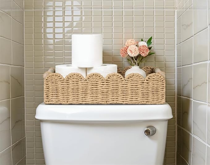 CubesLand Toilet Paper Storage Basket, Scalloped Edge Shelves Basket for Organizing for Over Toilet Tank Storage, Home Decor Baskets for Shelf, Countertop, Living Room, Bedroom, Handwoven, Beige