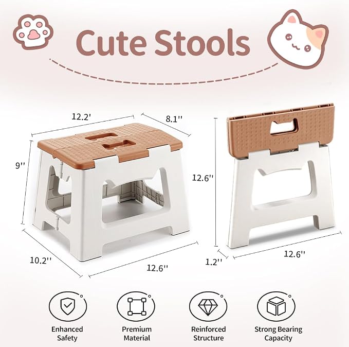 CasaZenith Step Stool Foldable, 9'' Folding Step Stool for Kids & Adults, Hold Up to 300lb, Lightweight Small Collapsible Step Stools with Handle, Stepping Stools Suitable for Kitchen Bathroom (Khaki)