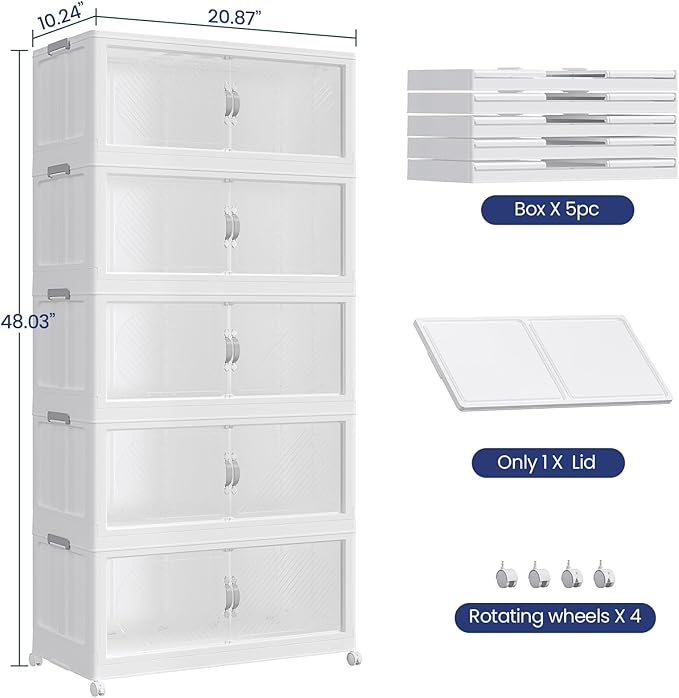 300QT Extra Large Stackable Storage Bins with Lid, 75Gal Plastic Closet Organizers and Storage Drawer, Collapsible Cabinet Box with Wheels Clear Doors for Home Kitchen Office, 5Pack White