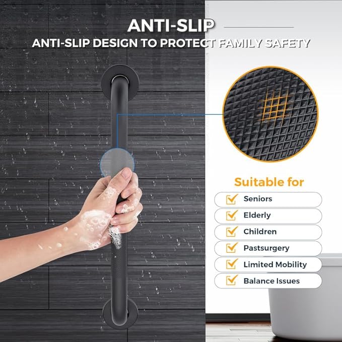 Grab Bars for Shower, 2 Pack 24-Inch Anti Slip Shower Handles for Elderly, Safety Shower Grab Bar, Stainless Steel Handicap Grab Bars for Bathroom (Black 1" Diameter)