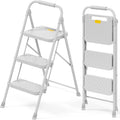 KINGRACK 3 Step Ladder, Folding Step Stool with Safety Lock & Sturdy Anti-Slip Pedals, Pass 800lbs Load Testing, Lightweight, Portable Steel Ladder with Handrails for Home, Kitchen, Garage, Office