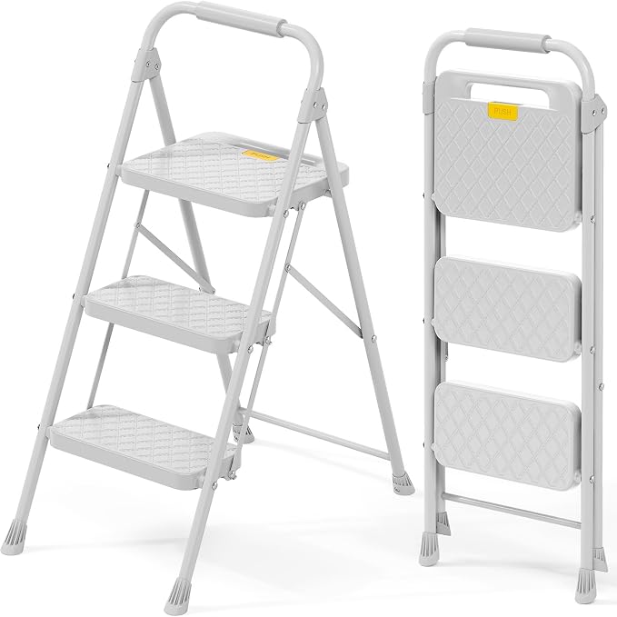 KINGRACK 3 Step Ladder, Folding Step Stool with Safety Lock & Sturdy Anti-Slip Pedals, Pass 800lbs Load Testing, Lightweight, Portable Steel Ladder with Handrails for Home, Kitchen, Garage, Office