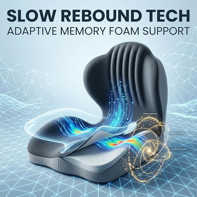 SakerPlus Ergonomic Seat Cushion Ergonomic Memory Foam Seat Cushion, L-Shaped Office Chair Cushion & Car Seat Cushion for Long Sitting, Lower Back Support Pillow for Office, Home, Driving (Black)