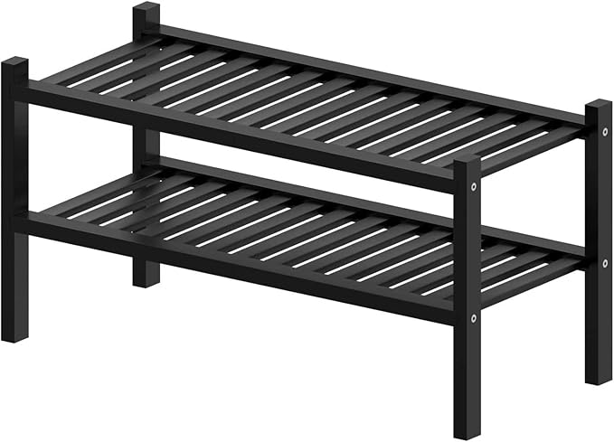 ROMGUAR CRAFT 2 Tier (Thick) Bamboo Shoe Rack for Closet Free Standing Wood Shoe Shelf for Entryway Small Space Stackable 27"x12"x14" (Black)