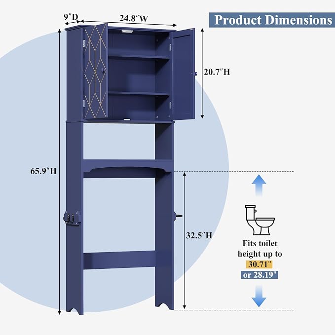 Gold Trim Over The Toilet Storage Cabinet, Double Doors Over Toilet Bathroom Organizer with Adjustable Shelves and Toilet Paper Holder, Modern Over Toilet Storage Cabinet for Bathroom (Blue)