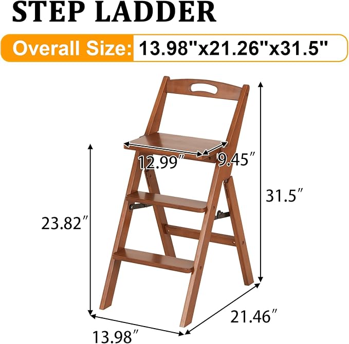 Baveke 3 Step Ladder Folding Step Stool with Handle, Wooden Step Stool Foldable and Kitchen Step Stools for Adults, Closet Stepstool & Collapsible Stool for Kitchen, Home, Indoor（FSC-Certified Bamboo）