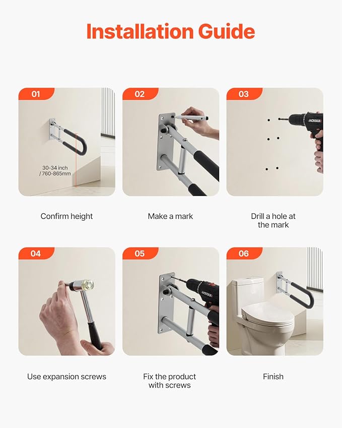 VEVOR Toilet Safety Rail, 23.8 Inch U-Shaped Handicap Grab Bar, Foldable Senior Safety Pole, Flip Up Toilet Grab Bar with Anti-Slip Support Handle, 300 Lb Load Capacity for Elderly, Disabled, Pregnant