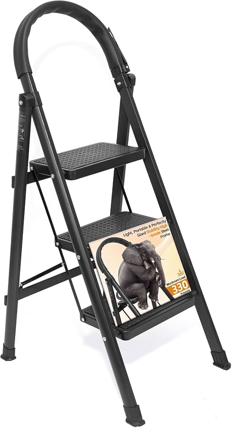 3 Step Ladder, Folding Step Stool with Wide Anti-Slip Pedal, Sturdy Step Ladder Foldable, Lightweight Portable Steel Step Stool for Kitchen, Home (Black, 3-Step)