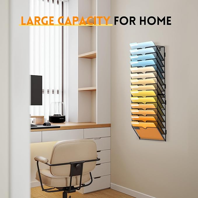 SUPEASY 14 Tier Wall File Organizer, Hanging Wall Mounted Mail Organizer with Label Slots, Metal Mesh File Holder Magazine Rack for Office, Home, School or Classroom, Black