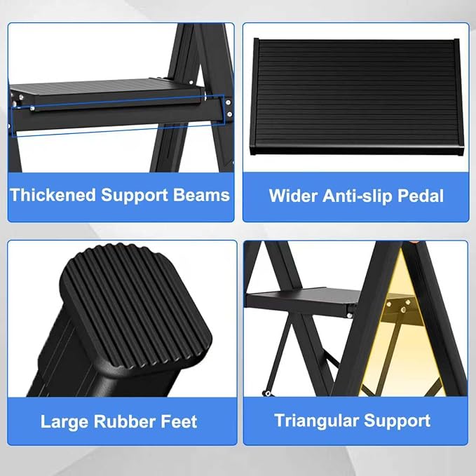 3 Step Ladder,Step Stool Foldable with Single-Handrail,Step Ladder with Anti-Slip Pedals for Home Kitchen Closet,Aluminum Sturdy Material,600lbs Max Load Capacity (Blue)