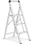 KINGRACK Aluminium 3 Step Ladder, Lightweight Step Stool with Non-Slip Pedals, Handrail, 330 LBS Foldable Step Ladder for Kitchen, Garage, Home, Space Saving, Sturdy and Portable, Silver