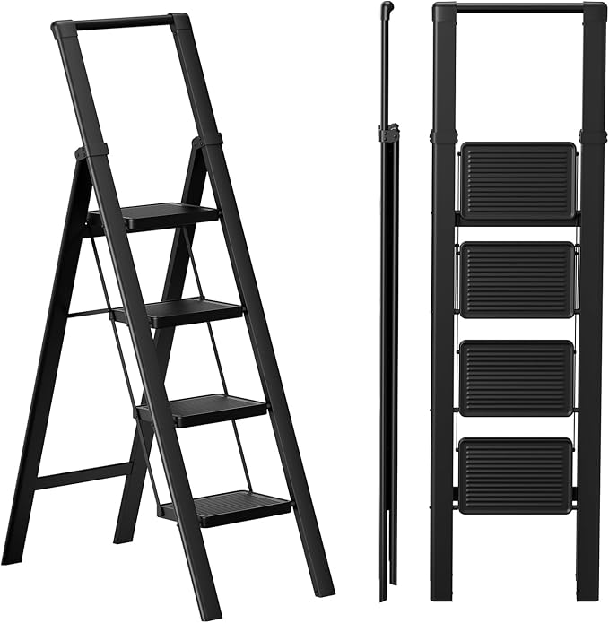 SOLADDER Step Ladder 4 Step Folding Stool with Anti-Slip Widened Sturdy Pedal and Handgrip, Portable and Multi-Use Iron Stepladder for Home, Kictchen, 300 lbs Capacity -Black