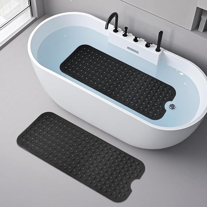 WarmSnow Long Bathtub Mat Non Slip 39.5 x 16 Inch, Inside Shower Mats with Suction Cups & Drain Holes, Soft TPE Bath Mat for Tub, Quick-Drain Bathroom Floor Mats, Black