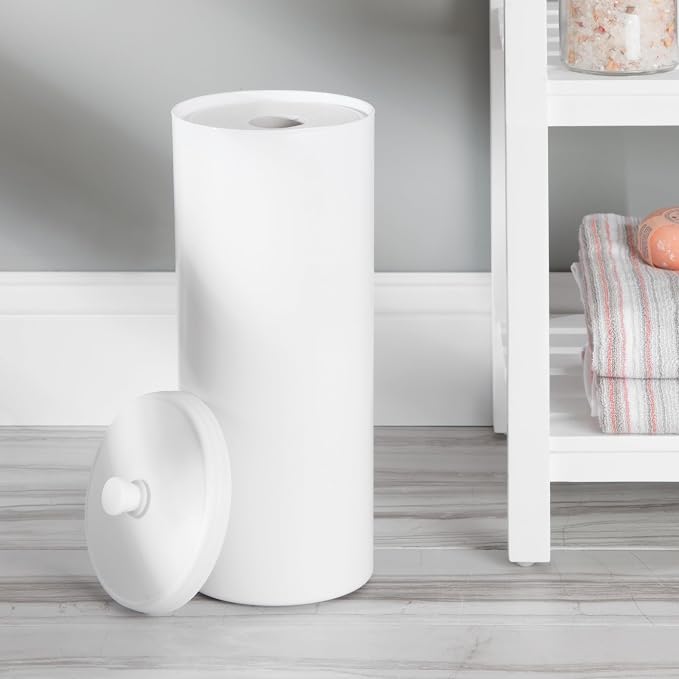 iDesign Freestanding Bathroom Toilet Paper Storage Holder with Lid for 3 Extra Rolls, White