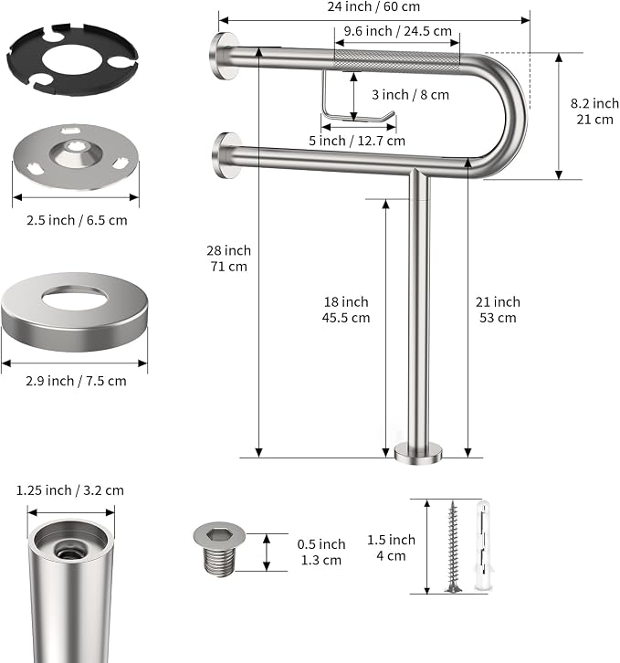 Toilet Grab Bar with Leg 24x28 Inch, ZUEXT Brushed Nickel Knurled Toilet Support Bar with Toilet Paper Holder, Stainless Steel Wall & Floor Mounted Bathroom Support Rail for Elderly Disabled Pregnant