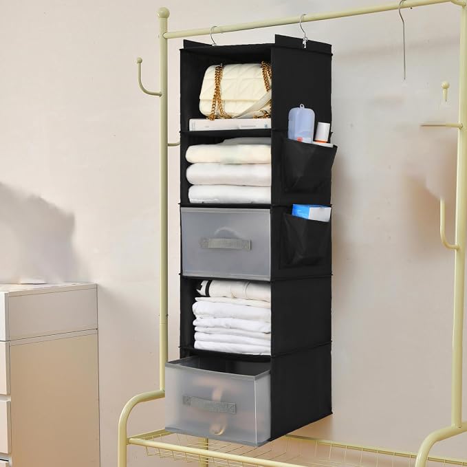 5-layer suspended fabric shelf organizer, equipped with 2 sturdy hooks, 2 separate drawers, and foldable hanging storage (black)