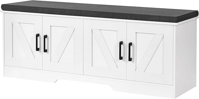 HOMSHO 2-Tier Storage Bench, 47.2" Wide Shoe Bench with Padded Seat Cushion, Entryway Bench with 4 Barn Doors and Adjustable Shelf, White