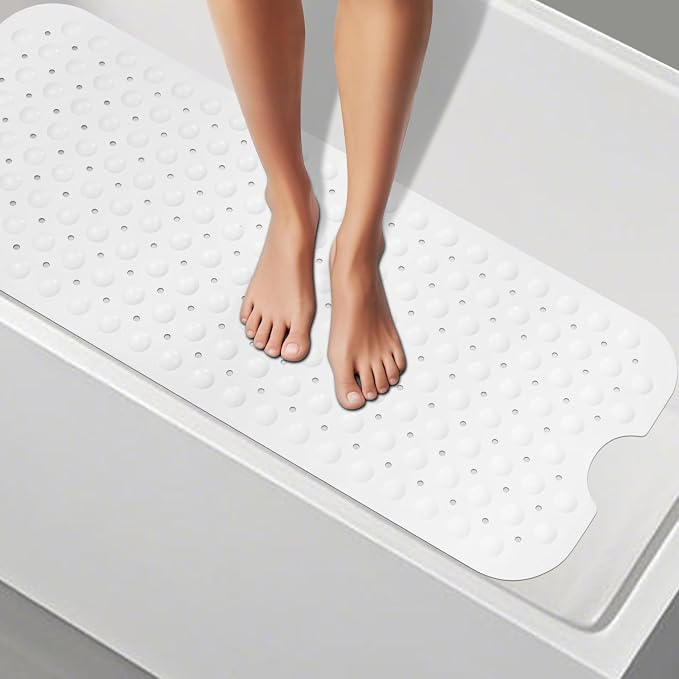 WarmSnow Long Bathtub Mat Non Slip 39.5 x 16 Inch, Inside Shower Mats with Suction Cups & Drain Holes, Soft TPE Bath Mat for Tub, Quick-Drain Bathroom Floor Mats, White
